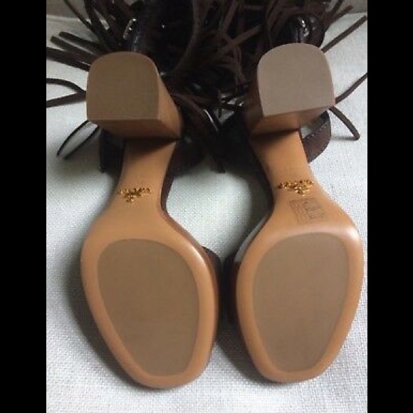 Prada Sandals Ankle Strap Block Fringe Brown Suede - Picture 6 of 8